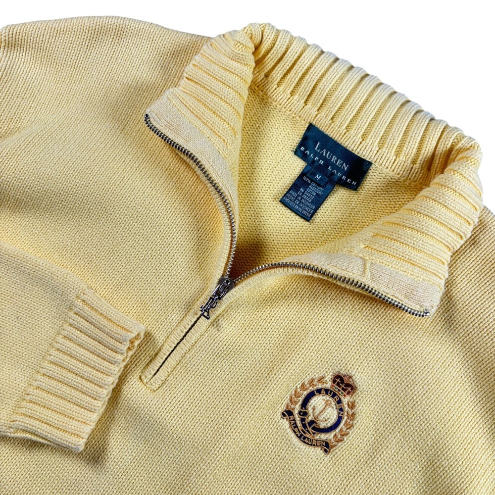 VTG Lauren Ralph Lauren 1/4 Zip Sweater Womens M Yellow Crest Logo Equestrian